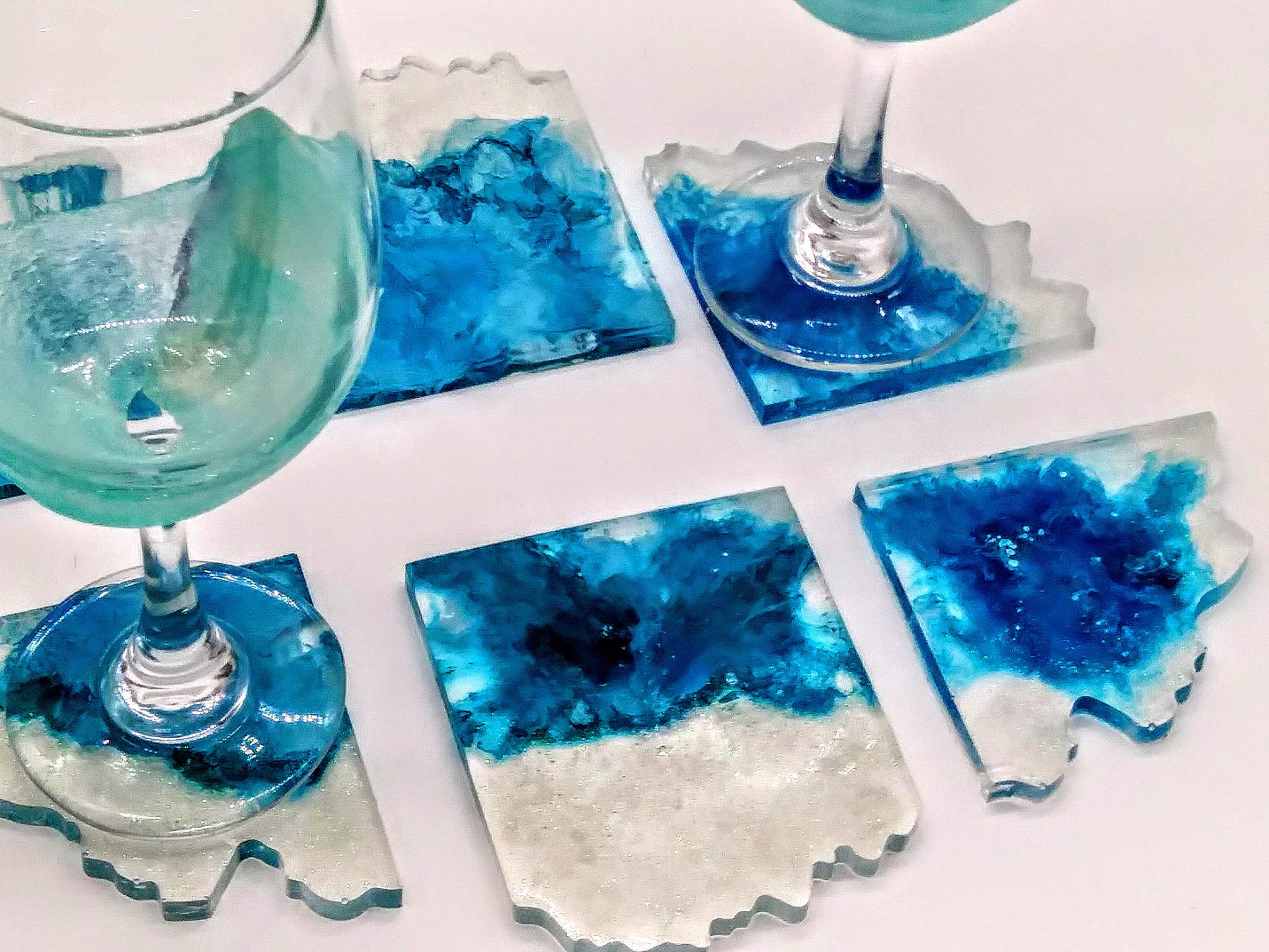 Set of 6 blue and glitter coasters
