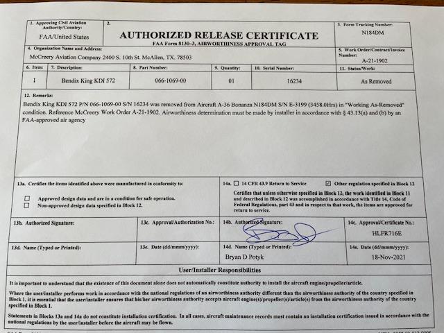 King KDI 572 DME Indicator Display. Form 8130, Used.