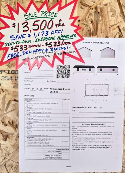 SAVE $1,173 OFF - 14x28 w/TALL WALLS & ELECT. - $13,500 or $533 DOWN & $533/mo Rent-To-Own - EVERYONE APPROVED! - FREE DELIVERY (50 miles)
