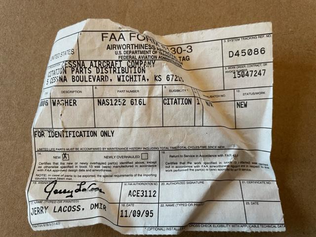Cessna Citation V 560 Washers. PN NAS1252-616L. New.