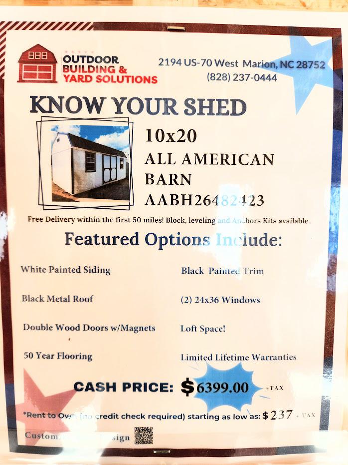 SAVE 10% or $639 OFF - ONLY $5,760 - 10X20 LOFTED BARN - $200Down and Payments as Low as $237 + tax/MO