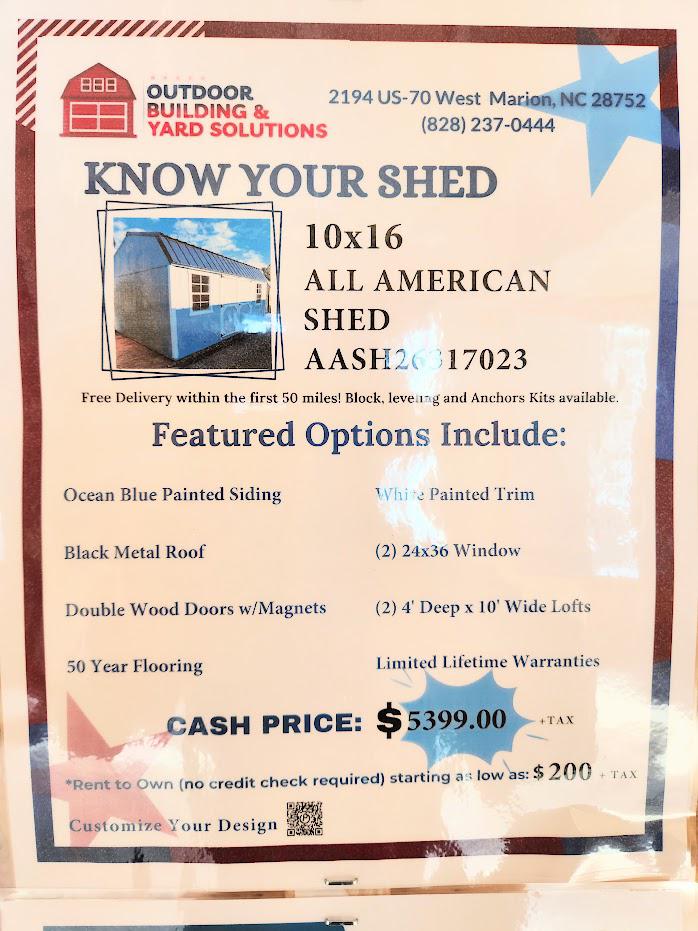 10% or $539 OFF! 10x16 All American Lofted Barn ONLY $4,860! -$200 Dn & $200/MO