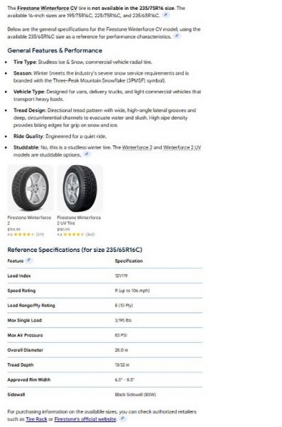 235/75R16 Firestone Winterforce CV Tires Set of 4