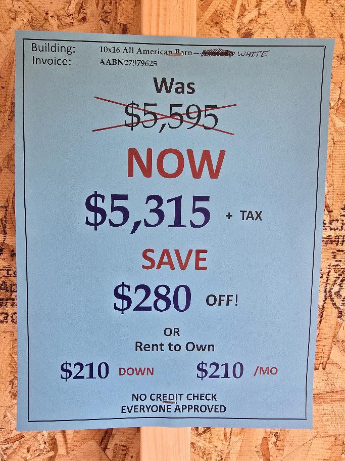 $280 OFF! 10x16 LOFTED BARN - $5,315 or $210 DOWN -$210/Mo -NO CREDIT CHECK - FREE DELIVERY & BLOCKS (50mi)