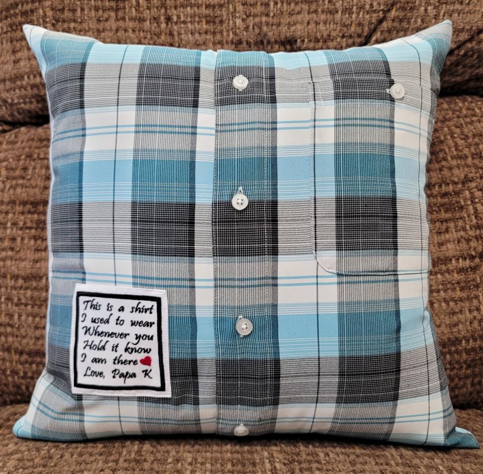 Memory pillow made from Loved Ones Shirts.