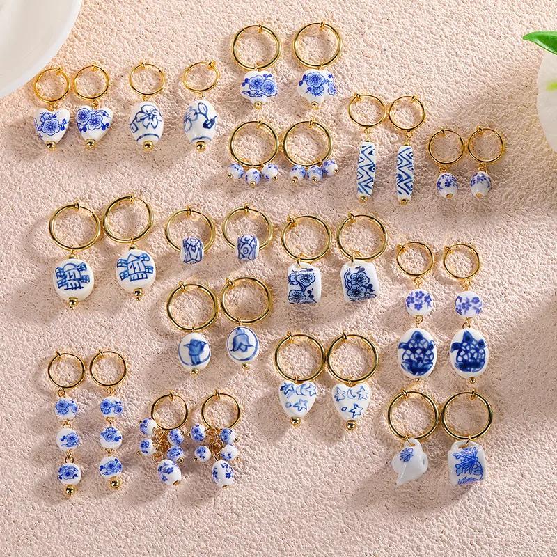 Blue & White Ceramic Clip-On Earrings – Cluster, Large, & Small Styles