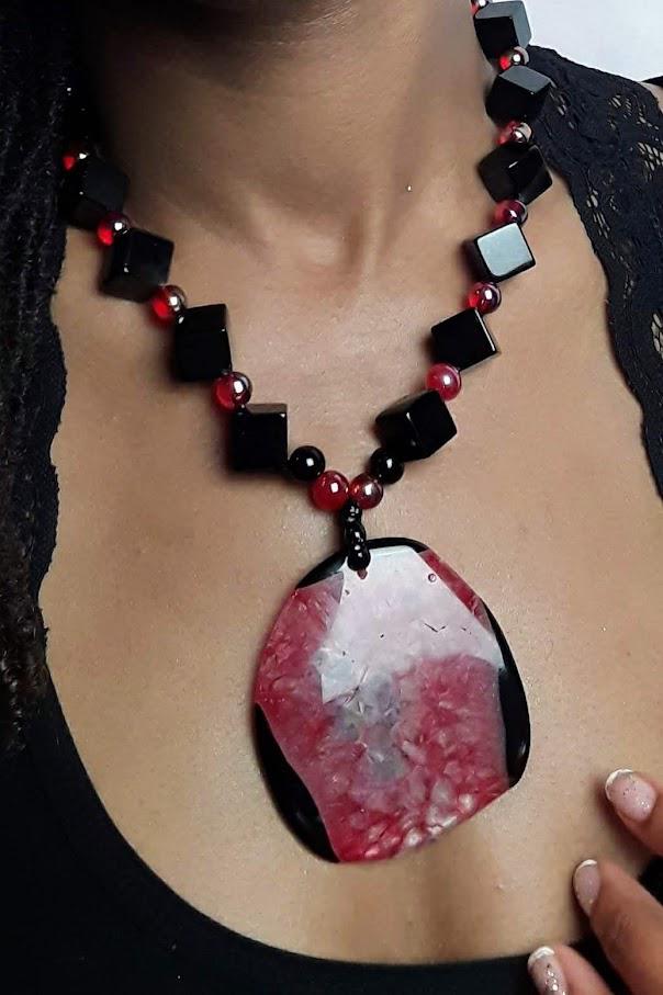 Multicolor Black, Red and Pink Onyx Pendant Statement Necklace.
