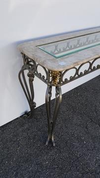 WROUGHT IRON CULTURED MARBLE GLASS SOFA TABLE