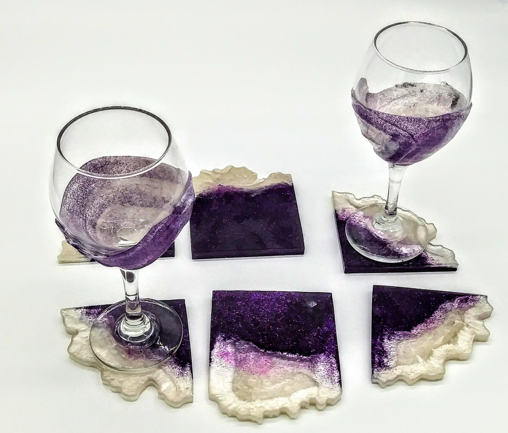 Purple and white glitter coaster set