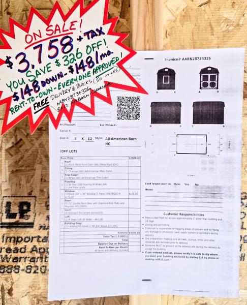 🔥SAVE $326 - 8x12 LOFTED BARN - $3,758 or $148 DOWN & $148/MO - NO CREDIT CHECK - FREE DELIVERY & BLOCKS (50 mile)