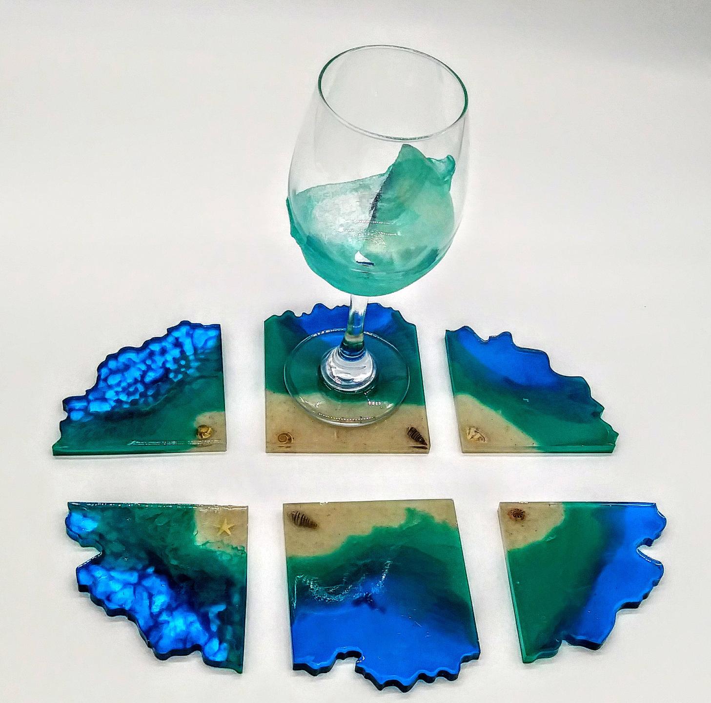 Ocean theme coasters with real shells sand and star fish