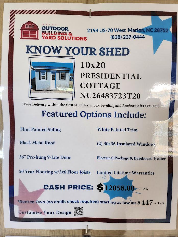 10% OR $1,205 OFF -10x20 -INSULATED WALLS, FLR & CEILING -HEAT -FINISHED -ELCTRICAL!
