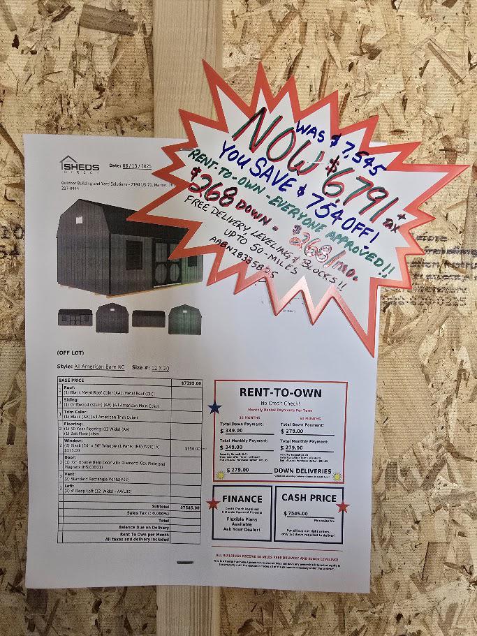 SAVE $754 OFF! - 12x20 LOFTED BARN! -$6,791 OR $268 DOWN & $268/MO -NO CREDIT CHECK - FREE DELIVERY & BLOCKS (50 miles)
