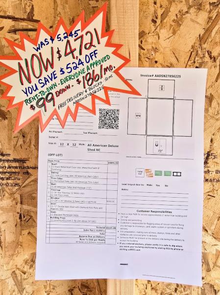 10% OFF - 12X12 SHED - $99 DOWN & $186/MO - $524 OFF! - $4,721 - NO CREDIT CHECK - FREE DELIVERY & BLOCKS (50 miles)