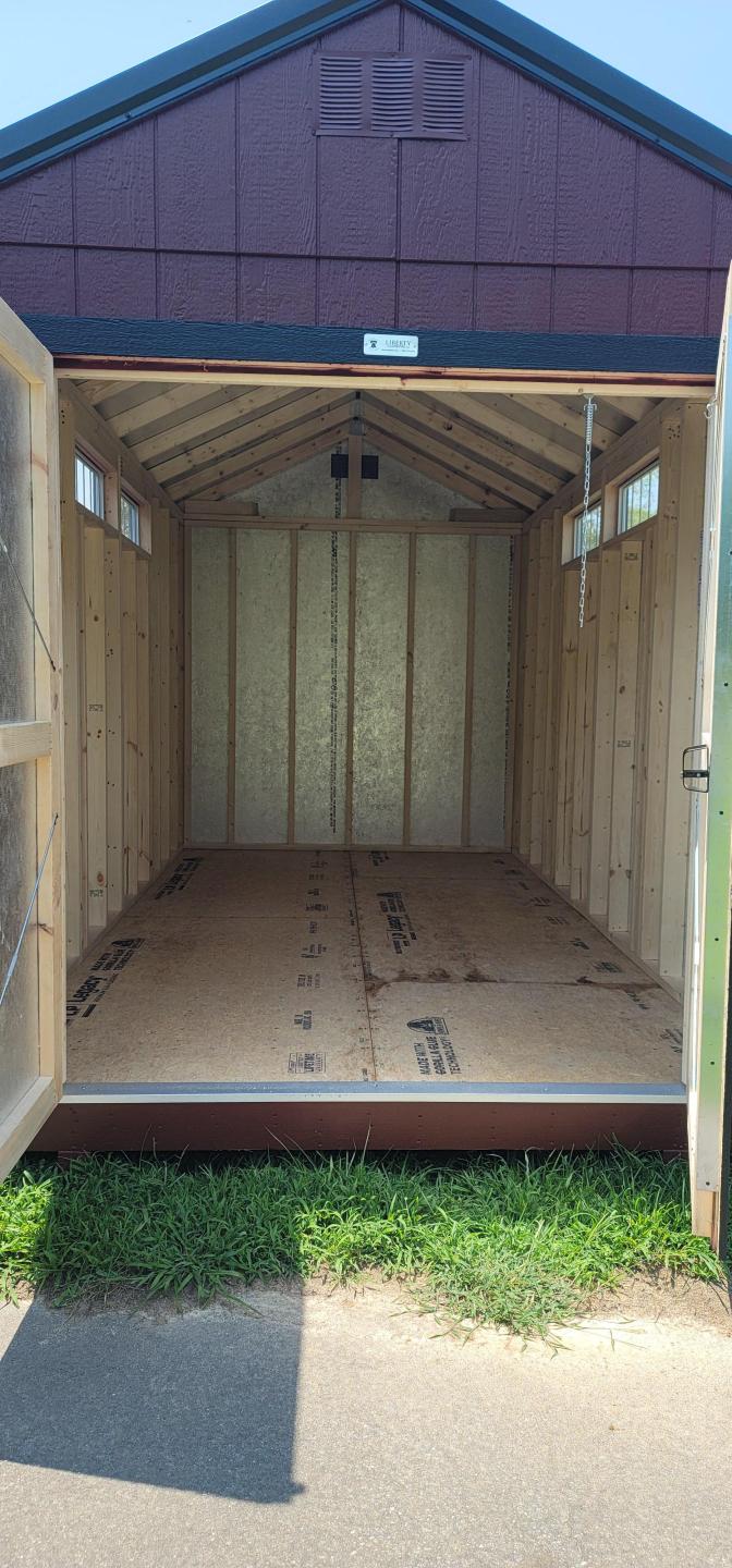MARION #14602 - 8x16 Red w/Black Trim UTILITY SHED W/TRANSOM WINDOWS AND HIGH WALLS #14602