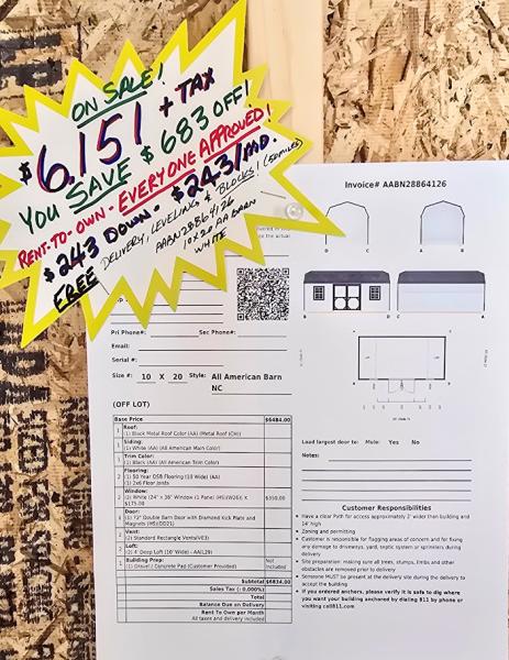 🔥10% OFF - SAVE $683 - 10x20 BARN  $6,151 or $243 DOWN & $243/MO - NO CREDIT CHECK - FREE DELIVERY / BLOCKS (50 miles)