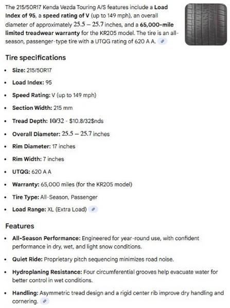 215/50R17 Kenda Vezda Touring A/S Tires Set of 4