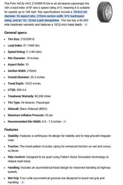 215/55R16 Prinx HiCity HH2 Tires Set of 4