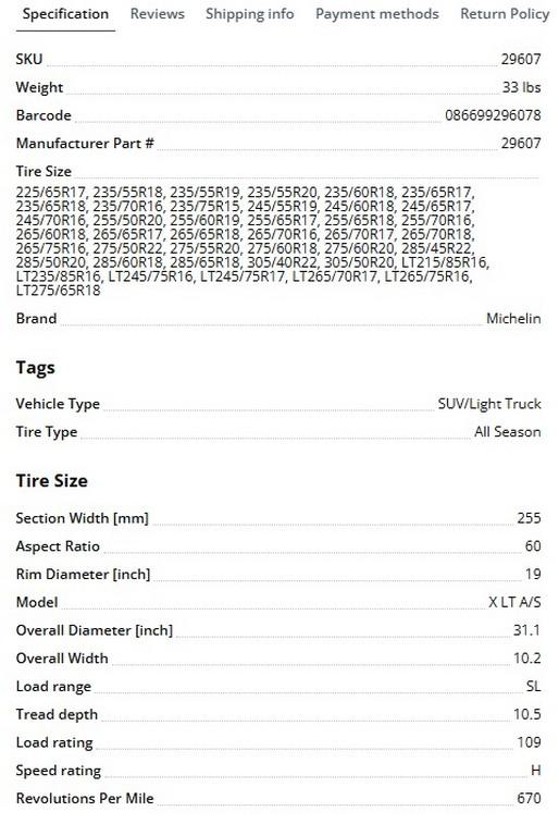 255/60R19 Michelin X LT A/S Tires Set of 4