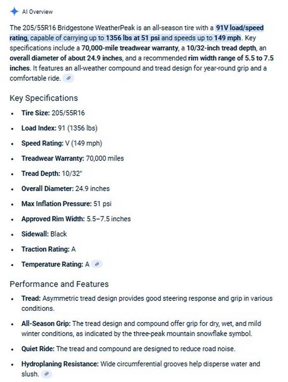 205/65R16 Bridgestone WeatherPeak Tires Set of 4