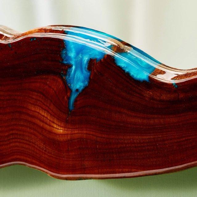 Oak and rainbow blue resin mirror