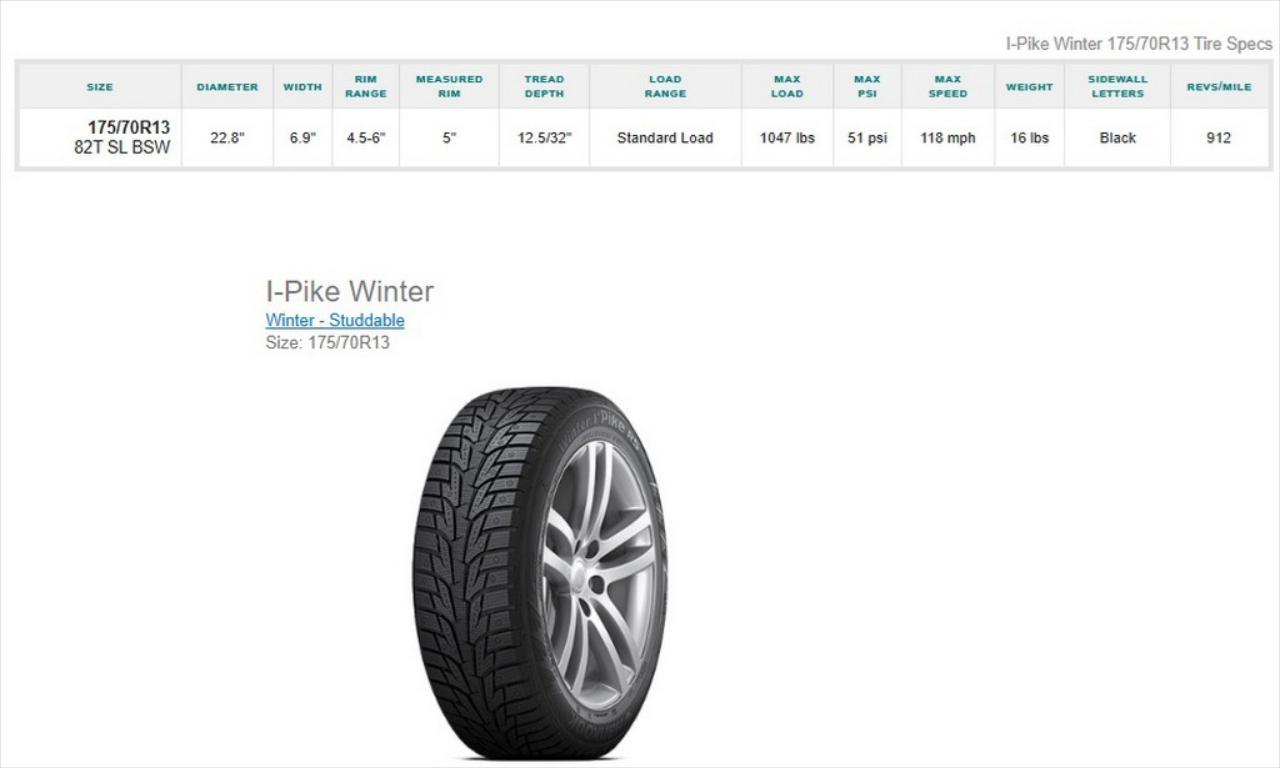 175/70R13 Hankook Winter I Pike Tires Set of 4