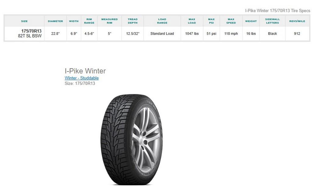 175/70R13 Hankook Winter I Pike Tires Set of 4