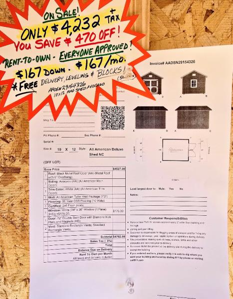 🔥SAVE $470 - 10x12 TALL SHED $4,232 - $167 DOWN & $167/MO - NO CREDIT CHECK - FREE DELIVERY & BLOCKS (50 miles)