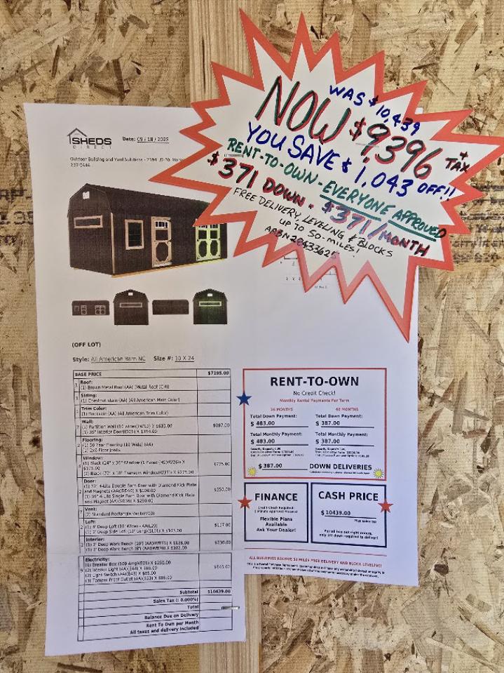 $1,043 off! -10x24 BARN W/DIVIDER WALL/100 AMP ELECT./WORKBENCH & MORE - $9,396 OR $371DOWN & $371/MO - EVERYONE APPROVED - FREE DELIVERY & BLOCKS up to 50 Miles