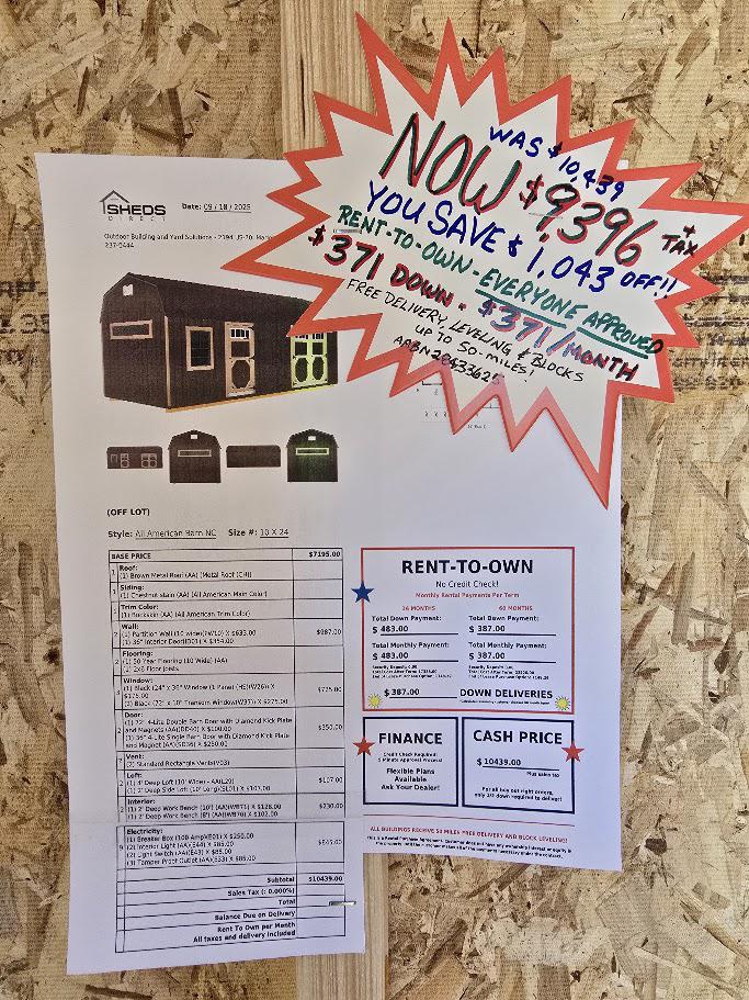 $1,043 off! -10x24 BARN W/DIVIDER WALL/100 AMP ELECT./WORKBENCH & MORE - $9,396 OR $371DOWN & $371/MO - EVERYONE APPROVED - FREE DELIVERY & BLOCKS up to 50 Miles