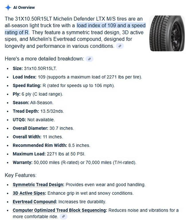 31X10.50R15LT Michelin LTX M/S Tires Set of 4