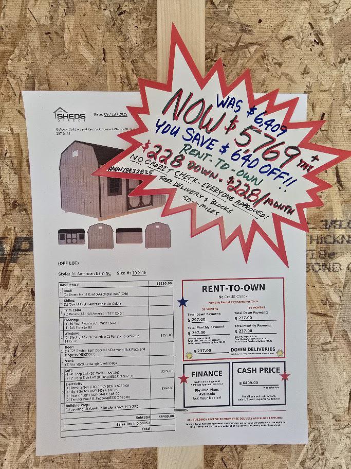 $228 DOWN -$228/MO - $640 OFF! $5,769 - 10X16 BARN W/ELECTRICAL. - NO CREDIT CHECK -FREE DELIVERY & BLOCKS (50-MILES)
