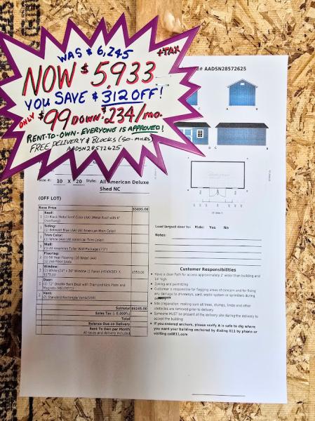 5% OFF - SAVE $312 - 10X20 DELUXE SHED ONLY $5,933 OR $99 DOWN & $234/mo -NO CREDIT CHECK -FREE DELIVERY & BLOCKS (50-MILES)