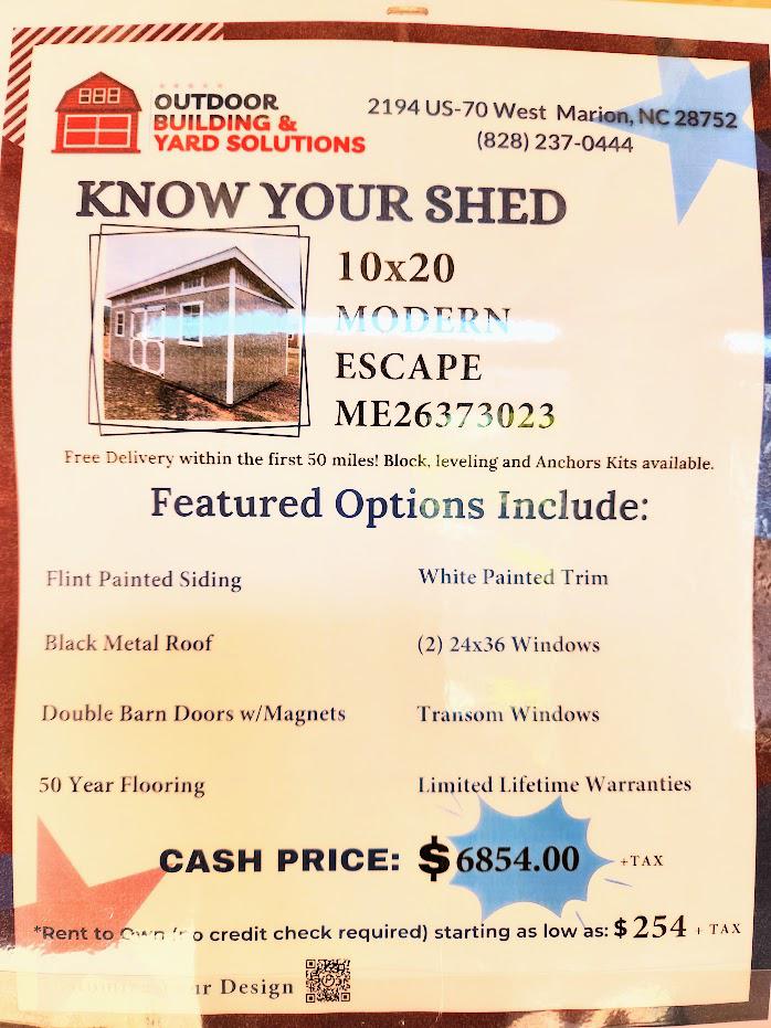 10% or $685 OFF - 10x20 MODERN ESCAPE -ONLY $6,169 - $200 DN & $254+tax/MO RTO