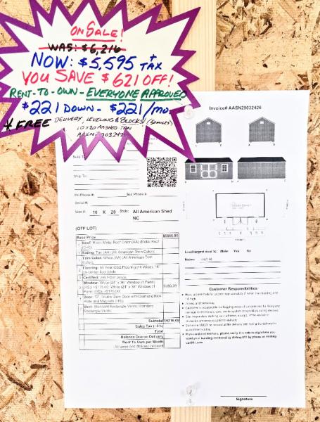 🔥SAVE $621 OFF - 10x20 SHED - $5,595 - $221 DN & $221/MO -NO CREDIT CHK -FREE DEL & BLOCKS (50mi)