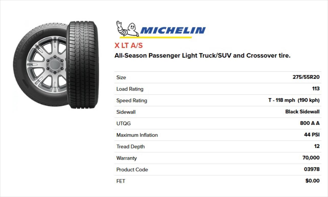 275/55R20 Michelin XLT A/S Tires Set of 4