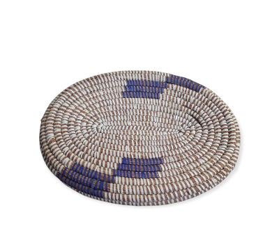 Versatile Oval Lidded Purple and White Senegalese Hand woven Basket, storage.