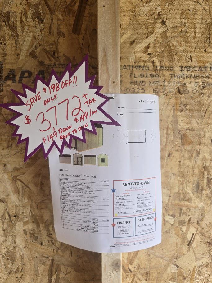 SAVE $198 OFF! - 8x12 LOFTED BARN! -$3,772 OR $149 DOWN & $149/MONTH -NO CREDIT CHECK - EVERYONE APPROVED!!