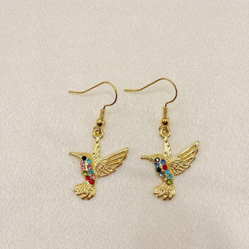 Elegant Colorful Gem Hummingbird Dangle Earrings