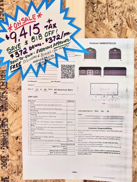 🔥SAVE $818 -12x28 LOFTED BARN - $9,415 or $372 DOWN & $372/MO -NO CREDIT CHECK -FREE DELIVERY / BLOCKS ( 50 miles )