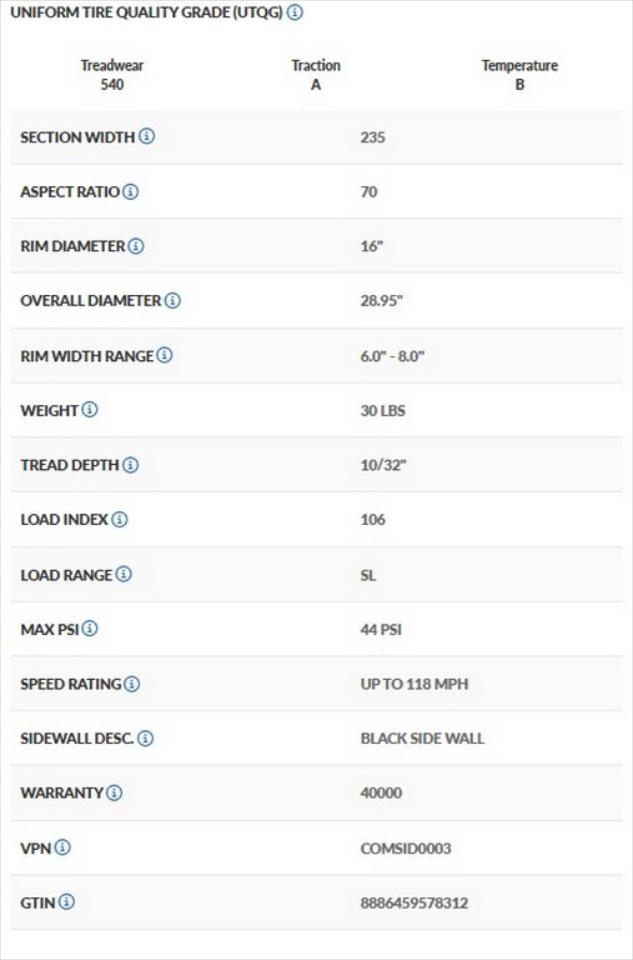 235/70R16 Corsa Highway Terrain Plus Tires Set of 4