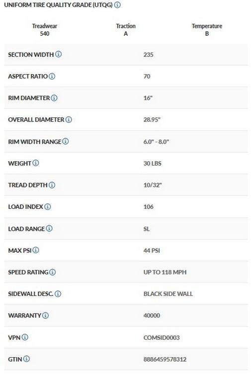 235/70R16 Corsa Highway Terrain Plus Tires Set of 4