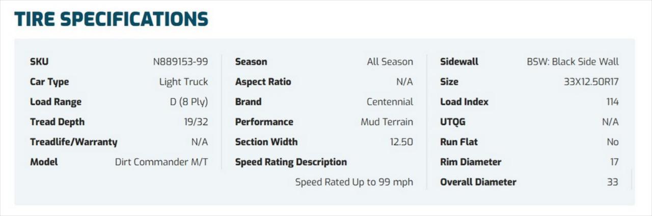 33X12.50R17LT Centennial Dirt Commander M/T Tires Set of 4