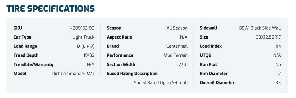 33X12.50R17LT Centennial Dirt Commander M/T Tires Set of 4