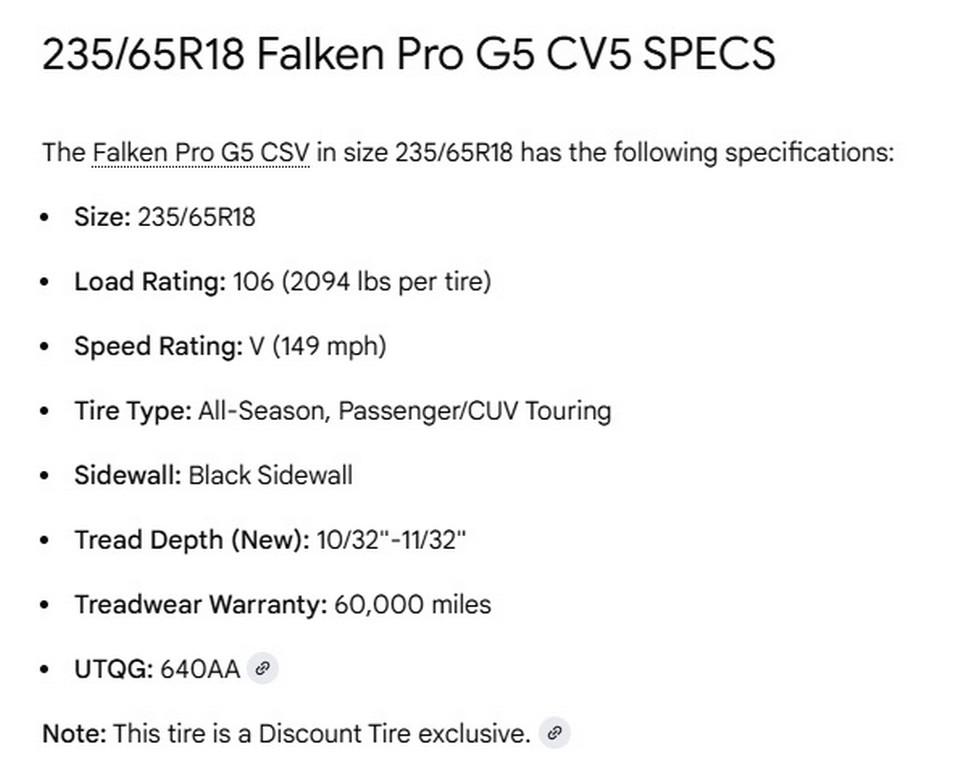 235/65R18 Falken Pro G5 CSV Tires Set of 4