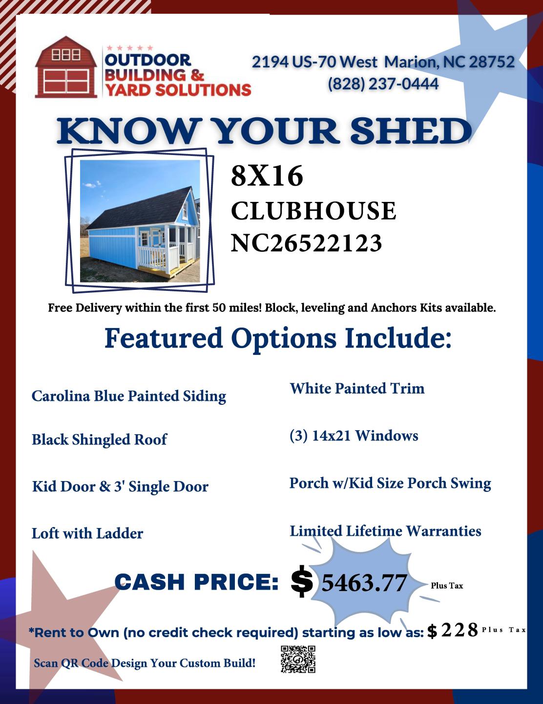 BEAUTIFUL AMISH HAND CRAFTED PLAYHOUSE - 8X16 W/SWING IS ONLY $4,917 OR $228/mo