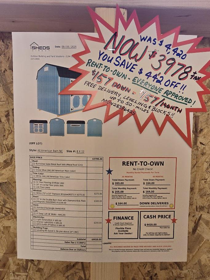 8x12 BARN W/ELECT RICAL PKG - $3,978 OR $157 DOWN & $157/MO - NO CREDIT CHECK - FREE DELIVERY & BLOCKS (50-MILES)