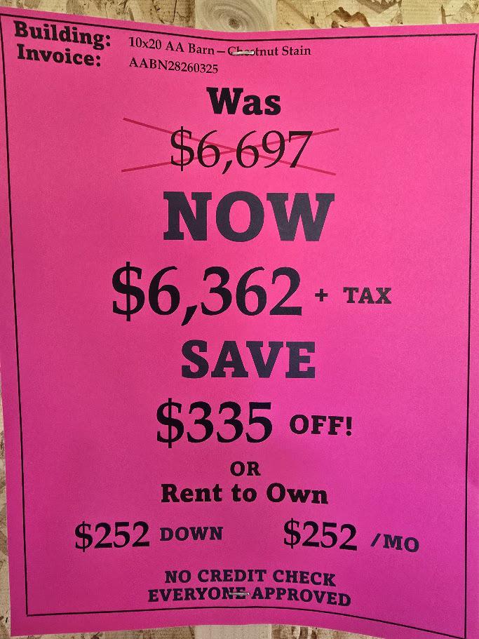 SAVE $335 OFF! - 10x20 LOFTED BARN! -$6,362 OR $252 DOWN & $252/MO -NO CREDIT CHECK - FREE DELIVERY - EVERYONE APPROVED!