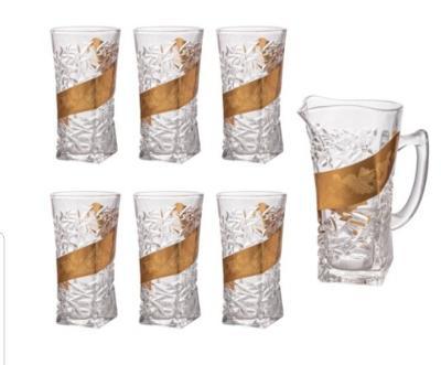 Clear and Gold Glass Pitcher and Tumbler Set