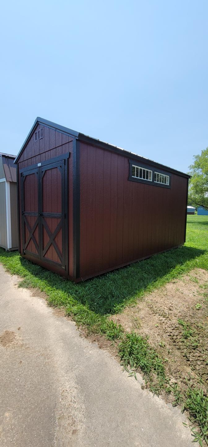 MARION #14602 - 8x16 Red w/Black Trim UTILITY SHED W/TRANSOM WINDOWS AND HIGH WALLS #14602